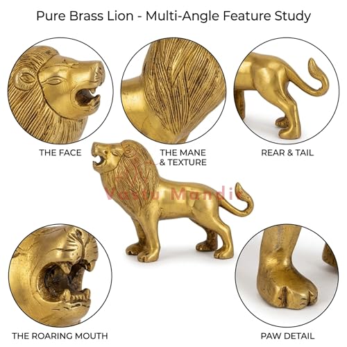 Image of Pure Brass Roaring Lion Statue, Gold Finish, Decorative Religious Figurine for Home and Office, North-East Zone Placement, Traditional Art Deco Style | 16x6x14 cm | 985g