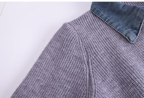 Image of Womens Sweaters Patchwork Denim Sweater Cardigan Long Sleeve Chunky Knit Cardigans Fall Cardigan