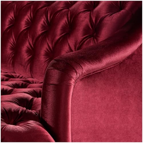 Image of Modern Wingback Tufted Velvet Loveseat, 73.25 inch 3 Seat Sofas Settee Bench Banquette Chesterfield Love Seat with High Back Thick Padded Cushioned Upholstered Couch for Living Room, Victorian Style, Red