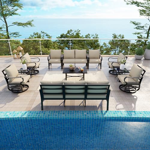 Image of 11 Pieces Patio Conversation Sets, All-Weather Metal Swivel Rocking Chairs with Rope Furniture Set, Outdoor Sofa Couch for Deck, Porch, Garden, Backyard, Poolside (Beige Cushions)