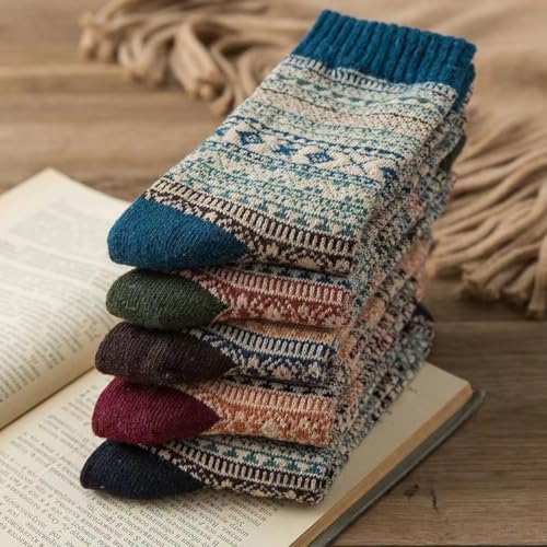 5 Pack Crew Socks for Women Vintage Cotton Fall Thick Ankle Socks Boho Knit Warm Soft Boot Long Sock Breathable Stocking2