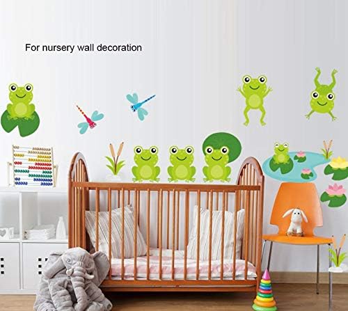 Miniatura 8 de Calcomanías de pared con diseño de ranas saltarinas con libélulas y loto, juego de calcomanías individuales para ventana de ranas con amigos del