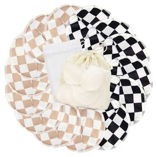 Image of wegreeco Nursing Breast Pads (14 Pack) + Laundry Bag & Travel Storage Bag, 4.7 inch - Washable & Reusable Breastfeeding Nursing Pads (Light Coffee, Black Checkerboard, Large, Contoured Shape)