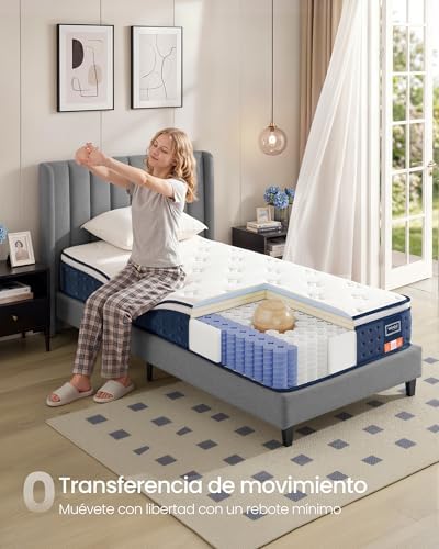VASAGLE Colchón Individual, 90 x 190 x 25 cm, Colchón Híbrido con Muelles Ensacados, Espuma Viscoelástica con Gel, 7 Zonas de Soporte, Bordes Reforzados, Funda Transpirable, Azul RMZ221QZ02