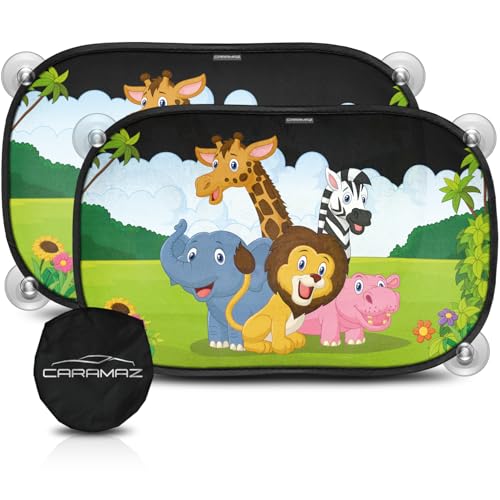 Parasol Coche con protección optidark   con Ventosa, para Proteger del Sol a bebés y Mascotas, 2 parasoles para bebé con Animales de Safari