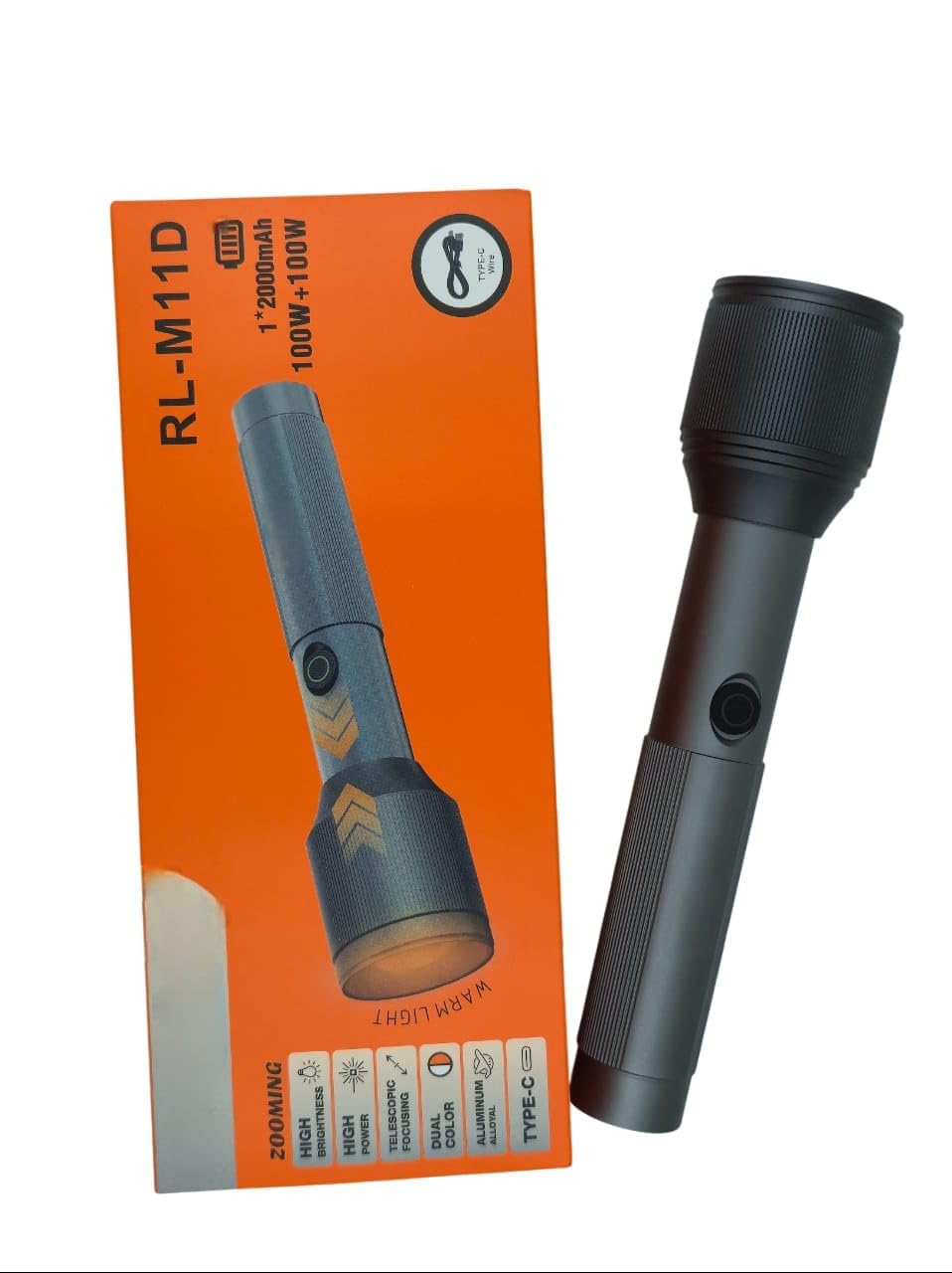 RL-M11D 100W+100W with Warm & Cold Light Modes Metal Torch | 2000mAh Rechargeable LED Flashlight | Type-C Charging | Zooming Head | Long Range Telescopic Focus Torch for Outdoor & Home Use-picture-28