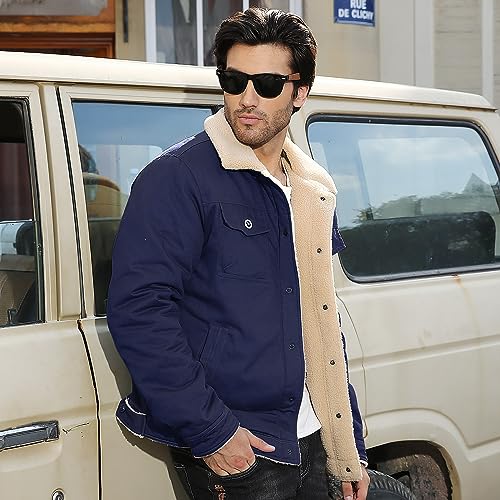 Image of Mens Winter Jacket Thick Thermal Cotton Warm Fleece Lined Sherpa Jacket Trucker Lapel Work Cargo Jackets Coat Outerwear