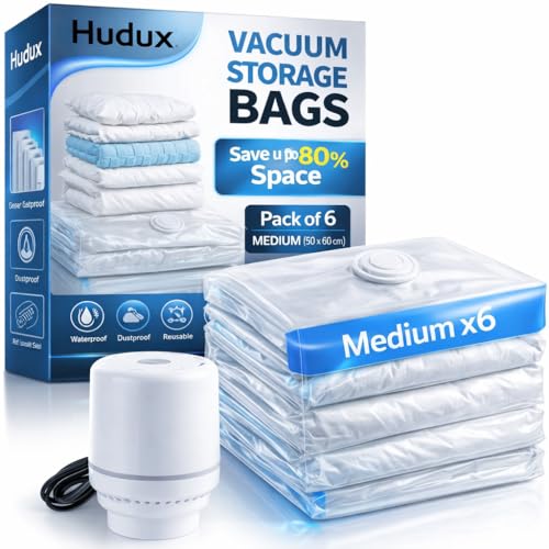 Image of Pack of 6 Medium 50x60 cm Vacuum Bags With Electric Pump for Clothes,Blankets,Pillows, Bedding,Airtight Reusable Packing Bags,Space Saver Bag,Vacuum Storage Compression Ziplock Bags