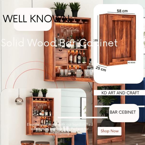 Image of WELL KNOWN Furniture Solid Wood Bar Cabinet for Home | Wall Hanging Design Mini Bar & for Living Room (Natural) (Nature) bar Cabinet for Home