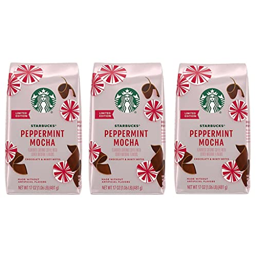 Starbucks Peppermint Mocha Ground Coffee - Pack of 3 Larger Size 17 oz Bags - Limited Edition Seasonal Flavored Starbucks Coffee