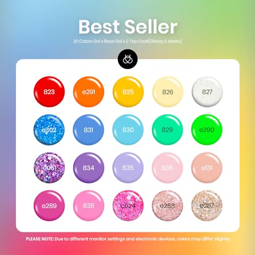 Beetles Summer Gel Nail Polish Set Green Pink Blue Glitter Nude Manicure Kit 23 Pcs 20 Colors Gifts for Women with Base Matte Glossy Top Coat Uv Lamp Needed Rainbow Magic - Image 3