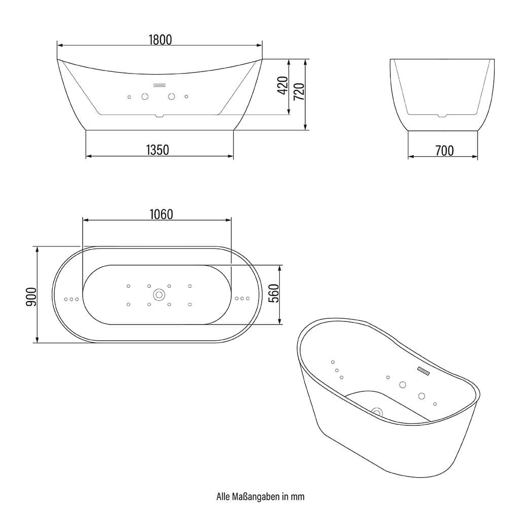 Home Deluxe - freistehende Badewanne mit Whirlpoolfunktion - OVALO PLUS - Maße 180 x 90 x 72 cm - inkl. komplettem Zubehör I Whirlwanne, Whirlpool für 2 Personen