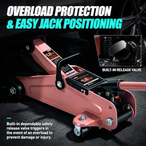 Image of DNA Motoring 1.5 Ton Car Floor Jack Low Profile Hydraulic Trolley Service /Floor Jack, 1.5T / 3000 lbs Capacity, Lifting Range 5.3 Inch -12 Inch, with Storage Case, Pink, TOOLS-00327-PK