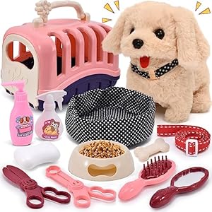 Tacobear Electronic Pets Toy Plush Puppy Dog for Kids, Pet Carrier Grooming and Feeding Playset, Interactive Dog Walking Barking Wagging Tail Educational Toys for Toddler Kids Gift