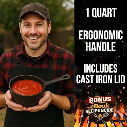 1 QT Cast Iron Sauce Pot with Lid & Wood Brush for Basting, Melting, Simmering Sauce, Butter & Cheese - Built for Cooking, Grilling & Camping - 932°F Max Even Heat Distribution - Professional Grade by Iron Grillers - Used condition - Image 5