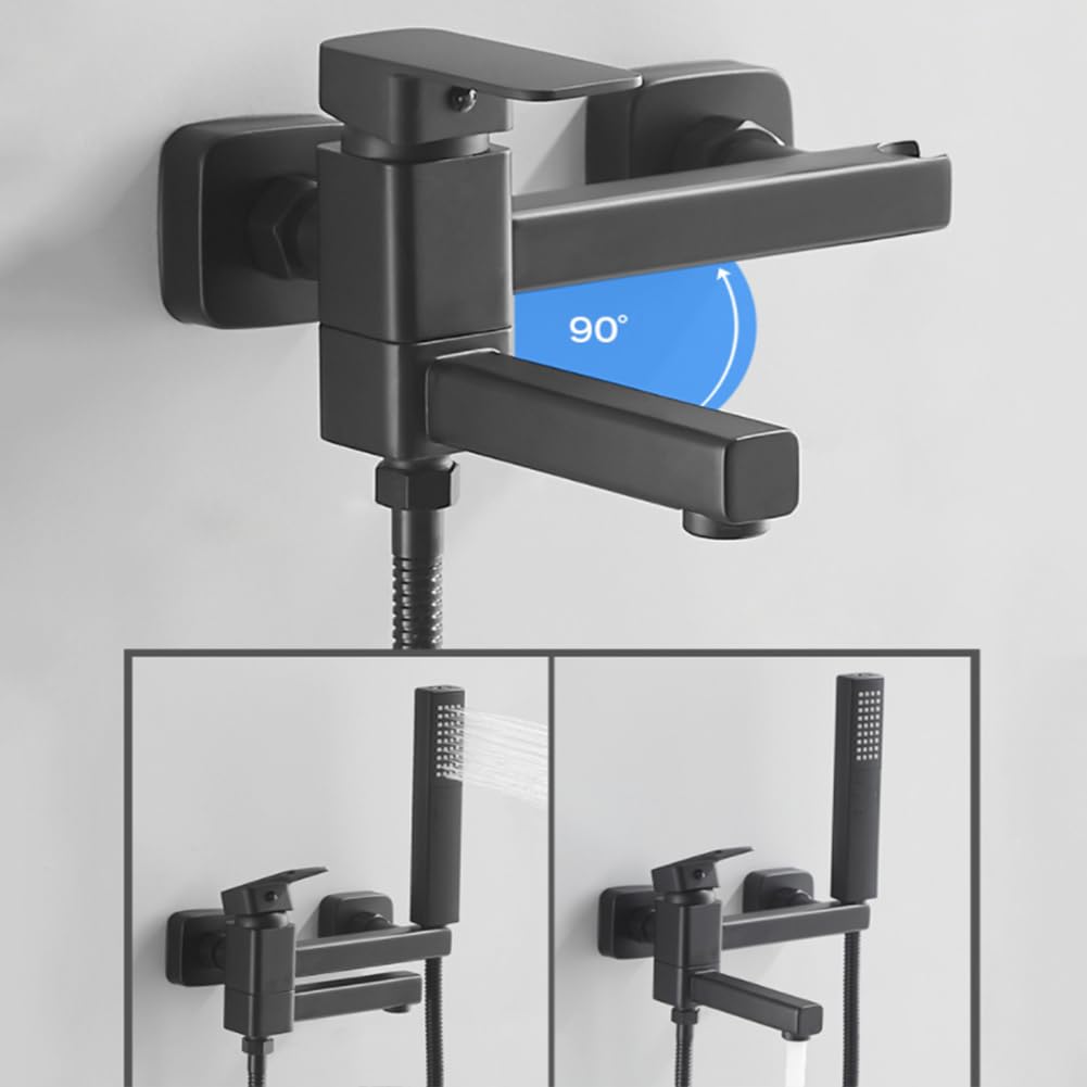 XANAYXWJ Bateria wannowa do montażu na ścianie z HanShower, mosiężna bateria jednouchwytowa, wąż prysznicowy 150 cm, czarna głowica prysznicowa do łazienki i prysznica