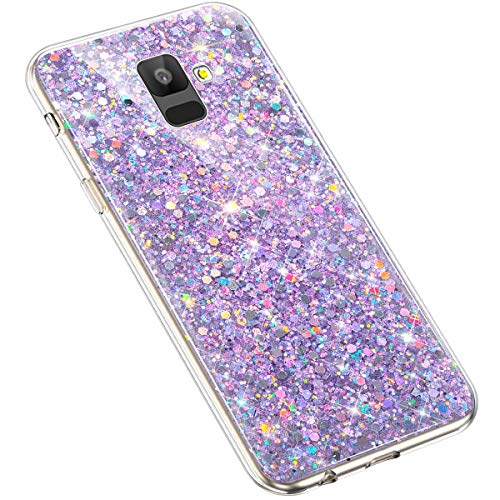 Uposao Compatible with Samsung Galaxy A6 2018 Case Girly Bling Glitter Sparkle Shiny Glossy Diamond Paillette Soft TPU Rubber Silicone Flexible TPU Crystal Clear Cute Girl Women Case,Purple