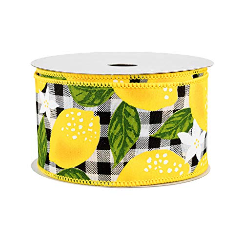 Image of Yellow Lemons Plaid Wired Ribbon - 2 1 /2 inch x 10 Yards, Black & White Checks, Spring Decor, Wreath, Gift Basket Decoration, Birthday, Picnic, Christmas, Mardi Gras, Easter
