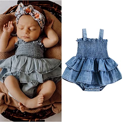 Tiacham Newborn Baby Girl Clothes Jean Dress Romper Denim Dresses Infant Ruffle Overall Shorts (Blue, 0-3 Months) #TOP1