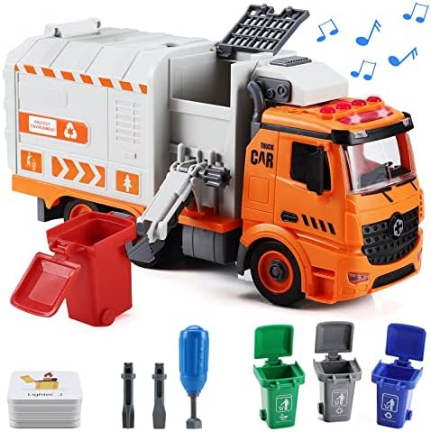 Garbage Truck Toys for Boys,Rubbish Refuse Trash Truck DIY Friction Powered Waste Management Recycling Truck Toy Set with 4 Trash Cans Toy Vehicle with Light and Sound Gifts for Boys Girls Toddlers