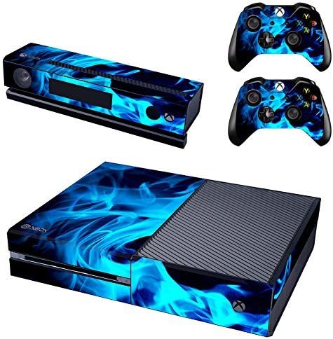 UUShop Protective Vinyl Skin Decal Cover for Microsoft Xbox One Console wrap Sticker Skins with Two Free Wireless Controller Decals Blue Fire Flame(NOT for One S or X)