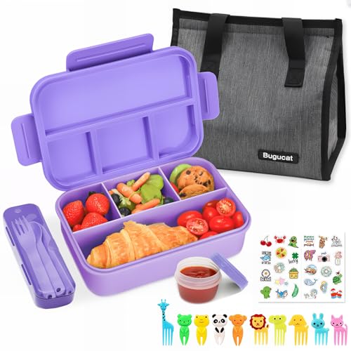 Bugucat Brotdose Kinder mit Fächern 1300ML 6PCS, Lunchbox Kinder Auslaufsicher mit 4 Fächern, Bento Box Lunch Box mit Fächern für Kinder Erwachsene, Frühstücksbox Vesperdose für Jungen&Mädchen