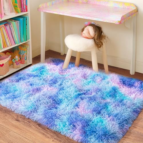 Small Rugs for Bedroom, Fluffy 2x3 Rug Throw Non Slip for Bedside Dorm Kids Room, Plush Comfy Shag Carpet for Home Decor Aesthetic, Rainbow Purple