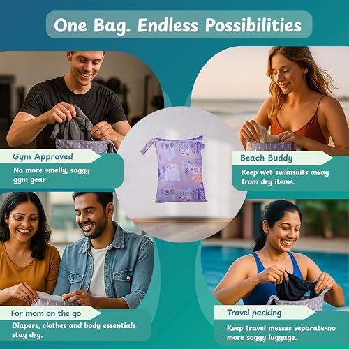 Image of Chic Buddy Waterproof Wet Bag, Washable, Reusable for Travel, Beach, Pool, Stroller, Diapers, Dirty Gym Clothes, Wet Swimsuits, Toiletries (ELF OWL, Wet Bag)