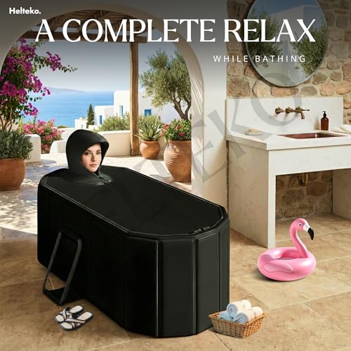 Image of Helteko Bath Tub for Adult for Bathroom, Foldable Tub for Home Use with Drainage Hole, Thickened Insulated Ice Bath Tub, Inflatable BathTub for Adults, Ice BathTub for Adults (Black Titan With Cap)