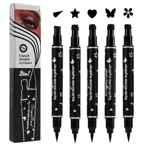 5 Piezas Eyeliners Negros de Doble Punta con Sellos, Delineador de Ojos Waterproof, Duradero y Resistente, para Uso Diurno y Nocturno, con Diseños de Corazón, Estrella, Flor, Mariposa y Triángulo