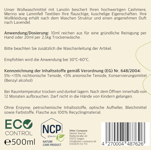 OtterCare Wollwaschmittel mit Lanolin und Lavendelduft,Waschmittel mit Lanolin für Lammfell, Cashmere,Wollwalk und Merino Wolle Rückfettend Natürliche Pflege für deine Textilien