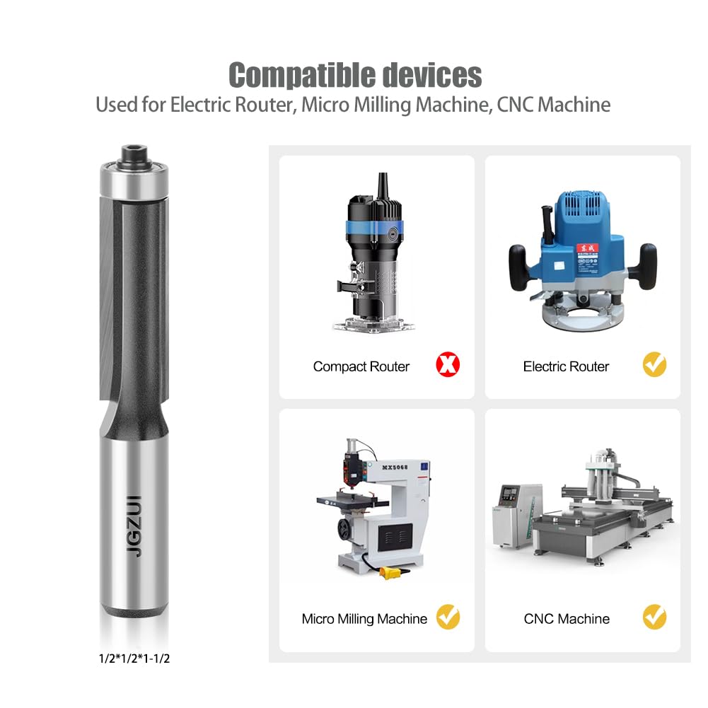 Professional Extended Flush Trim Router Bits Set 1/2 Inch Shank, Extended Trimming Knife, Straight Flush Trim Router Bit for Woodworking, 1/2" Diameter, 1-1/2" Blade Length