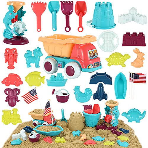 Beach Toys Sand Toys for Kids - 32PCS Sand Castle Toys for Beach, Sandbox Toys with Water Wheel, Truck, Shovels, Rakes, Bucket, Watering Can, Sand Molds, Indoor Outdoor Summer Kids Toddlers Toys