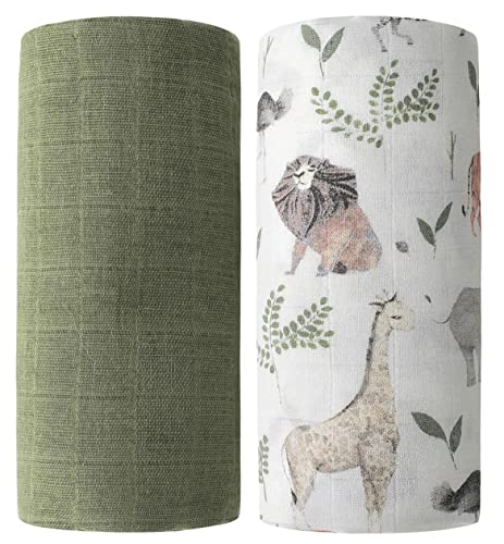 Image of Little Jump Breathable Muslin Swaddle Blankets - 2 Pack Jungle & Green - Softest Baby Receiving Blankets for Boys and Girls (Jungle & Green)