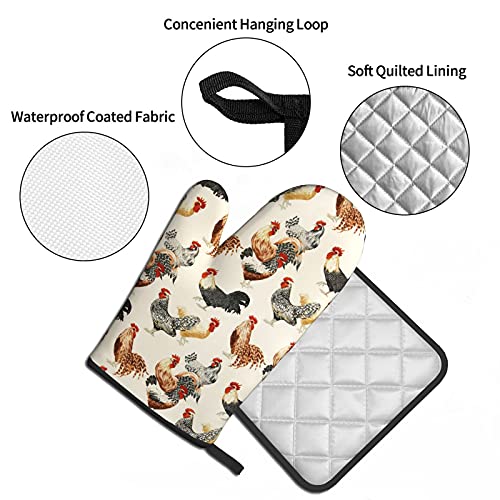 Hitamus Rooster Oven Mitts And Pot Holders Sets, Heat Resistant Kitchen Microwave Gloves Non-Slip Pot Pads For Grilling Baking Cooking Bbq (Set Of 2) #TOP2
