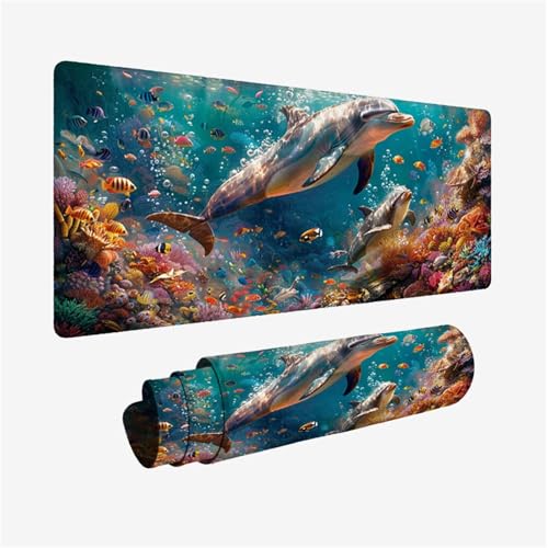 Podkładka pod mysz delfin podkładka pod mysz XXL 900 x 500, pod ręką biurko podkładka pod mysz zwierzę wodoodporna, mysz z antypoślizgową podstawą, pod ręką szyte krawędzie, akcesoria do gier, prezent