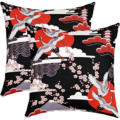 Set of 2 Crane Pillow Covers 16x16, Japanese Style Throw Pillow Covers, Cherry Blossoms Pattern Cushion Covers for Adult Women Girl, Japanese Traditional Pattern Decorative Accent Pillow Cas