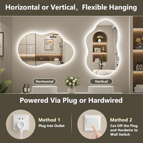 Image of 60x32 Inch Asymmetrical LED Bathroom Mirror with Lights, Backlit, Anti-Fog, Irregular Cloud Lighted Bathroom Vanity Mirror for Wall, Dimmable, 3 Colors, Memory, HD Tempered Glass