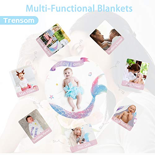 Trensom Little Mermaid Blanket Baby Monthly Milestone Blanket Girl Personalized Fleece Months Blakets Newborn Shower Nursery Decor With One Bib & Hedbd Two Frames,Large 59”X40” #TOP2