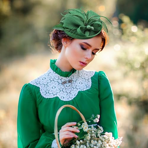Tea Party Derby Hat for Women - Fascinator with Detachable Headband (7.87 “x5.9” / Head Circumference 21.5“-23.5”) - Lightweight Feather & Polyester Green