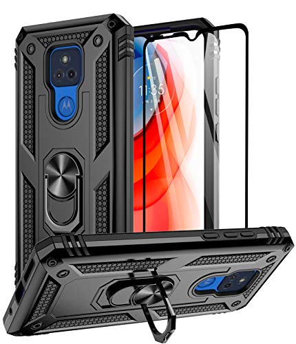 Aliruke Moto G Play 2021 Case with Tempered Glass Screen Protector and Grip Ring Kickstand, Military Grade Protective Cover Magnetic Finger Loop Stand Phone Cases for Motorola Moto G Play 2021, Black