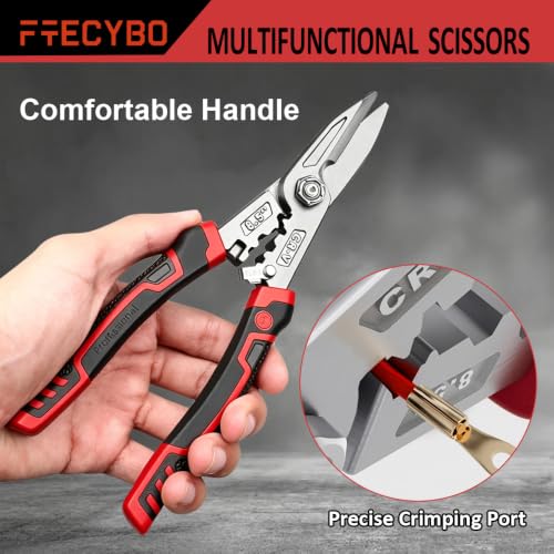 Image of Heavy Duty Industrial Scissors 8.5'', Utility Sharp Aviation Tin Snips, Finely Serrated CR-V Blades with Safety Lock, for Cutting Wires, Cardboard, Plastic, Carpet,red (Red)