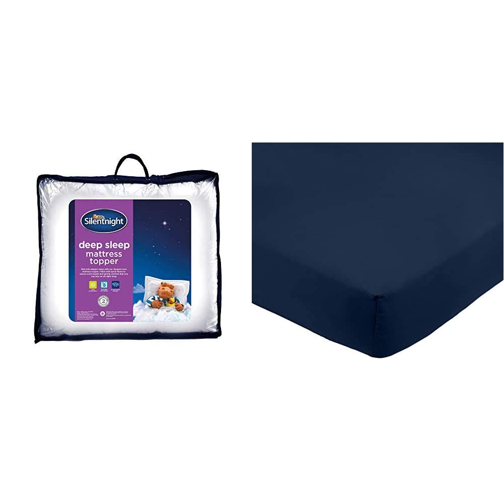 Silentnight Deep Sleep Mattress Topper, White, Double & Amazon Basics Microfibre Fitted Sheet, Double, Navy Blue