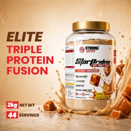 Image of STRONG NATION Star Protien Elite Triple Fusion, Egg, Whey & Yeast Blend | 30g Protien Per Scoop | 2kg (Salted Caramel)
