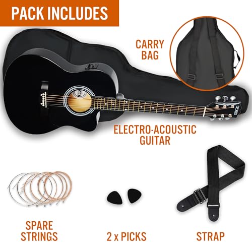 Image of 3rd Avenue Full Size 4 /4 Cutaway Electro Acoustic Guitar Pack Bundle for Beginners with Built-in Tuner and EQ - Black