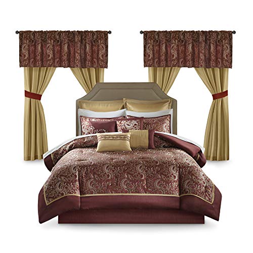 Image of Madison Park Essentials Brystol 24 Piece Room in a Bag Faux Silk Comforter Jacquard Paisley Design Matching Curtains Down Alternative All Season Bedding-Set, Cal King(104 inchx92 inch), Red | Matching Curtains Room in a Bag, Down Alternative Bedding Set, All Season, Machine Washable, Wrinkle Resistant, Ultra Soft