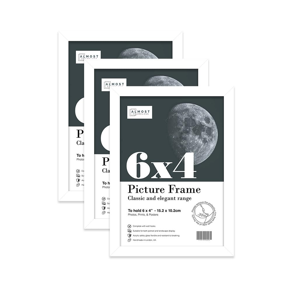 Almost Frameless 6x4 White Picture Frame Set of 3, Display 6x4 Picture Gallery Wall, Poster, Photo, Artwork, or Print, Yellow