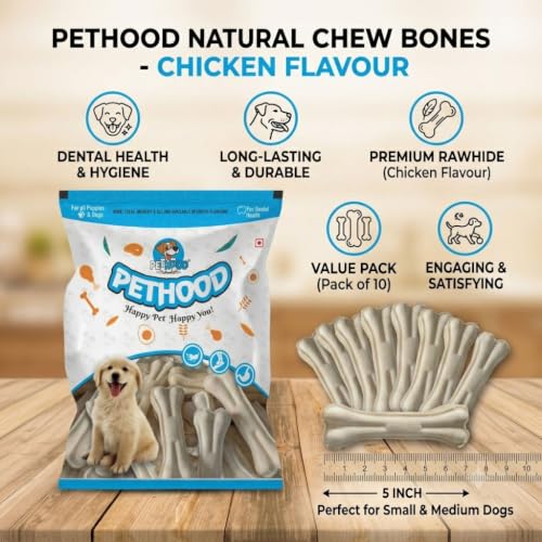 Image of Dog Chew Bones 5 Inch - Pack of 10 Natural Chewign Bone Rawhide Treats for Small & Medium Dogs - Long-Lasting Dental Chews for Healthy Teeth & Gums (Chicken Flavour)