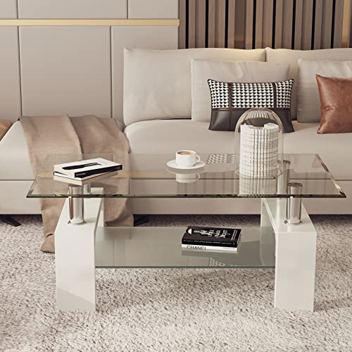 Glass Coffee Table With 2 Tier Tempered Glass Boards & Sturdy Metal Legs, Modern Rectangle End Table Coffee Table For Home Office, White #TOP1
