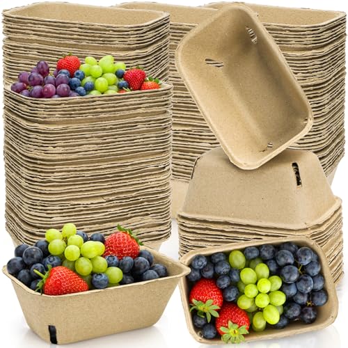 Pumtus 100 Pack Natural Pulp Fiber Berry Baskets, Rectangle Strawberry Produce Vented Container, Bulk Molded Fruit Boxes, Vegetable Picking Holder for Farmers Market, Grocery Store, Backyard Party